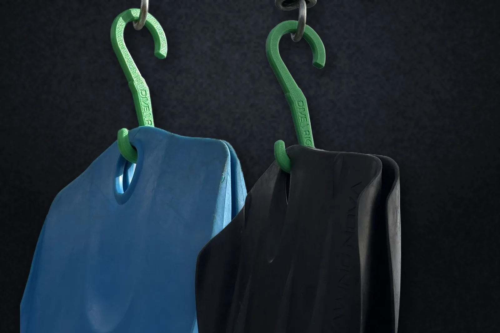 Fins hanging on DIVE\RIG fin hooks
