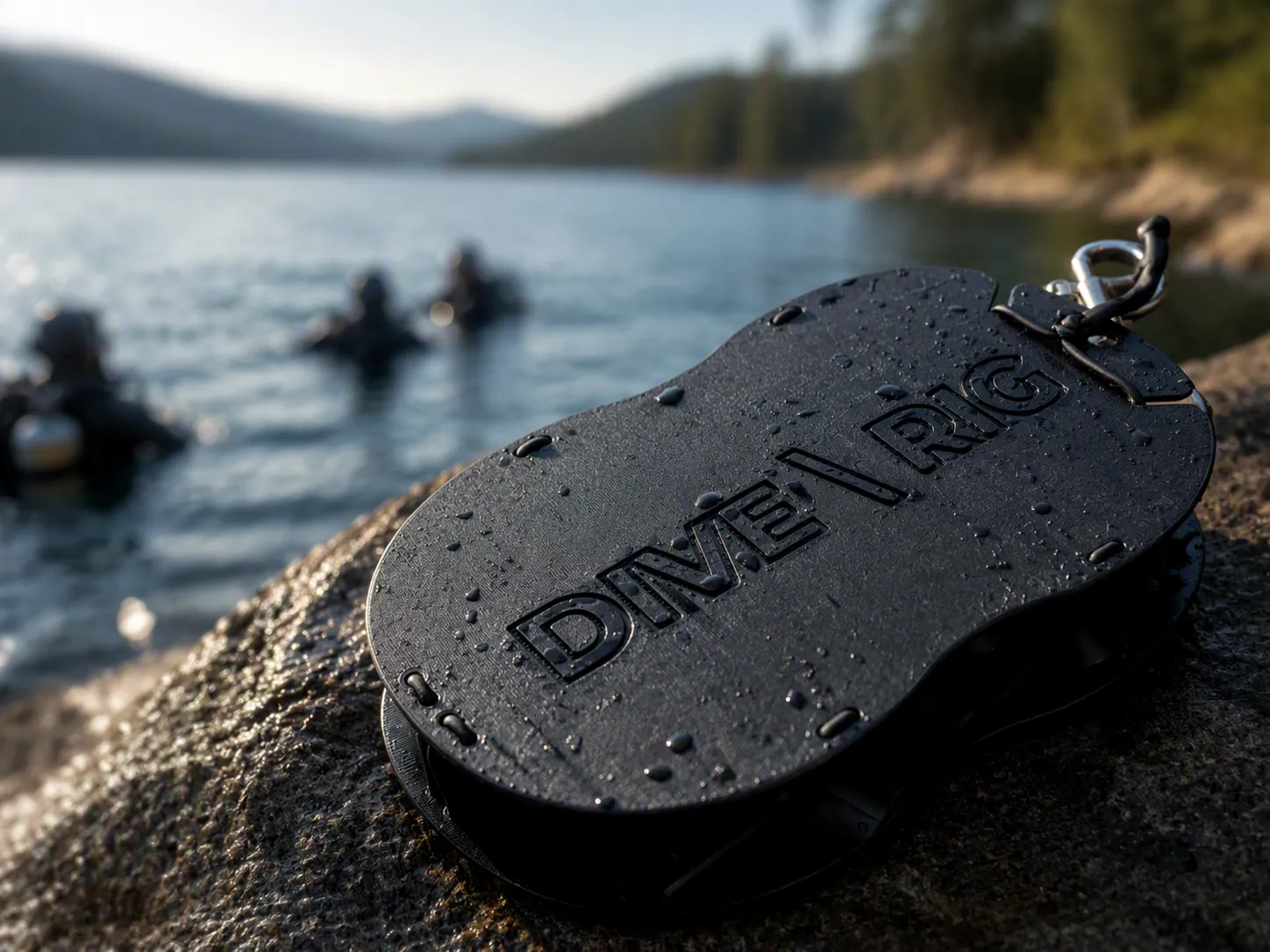 MaskDock™ on a lakeside rock, divers in the water behind